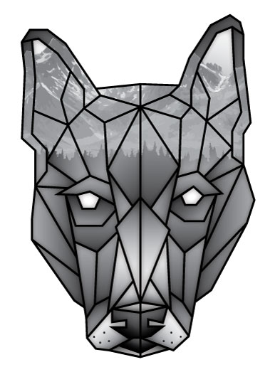 Black and white geometric dog logo with forest and mountains