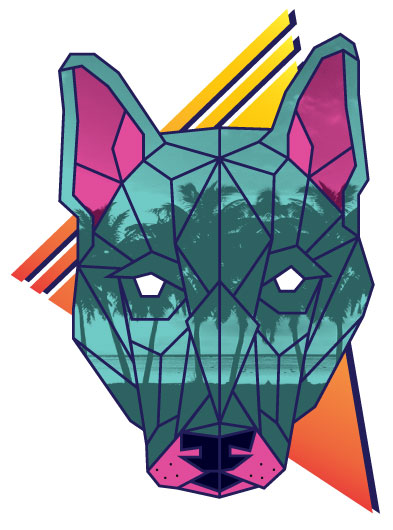Neon 80s geometric dog logo with palm trees
